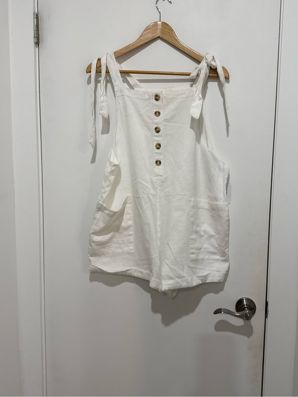 O'Neill White Cotton Linen Tie Strap Button Front Romper Overalls XL